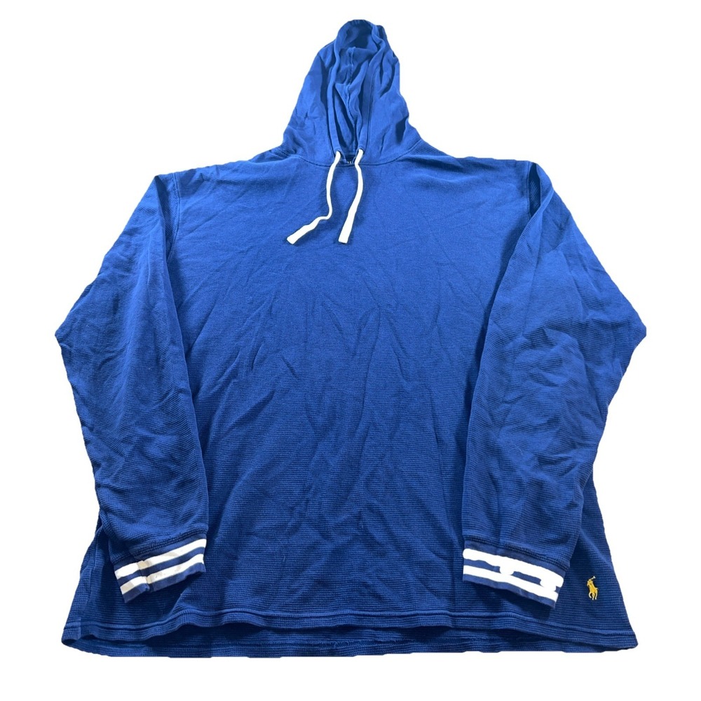 Polo Ralph Lauren Mens XL Navy Blue Waffle Knit Thermal Pullover Hoodie Cotton‎